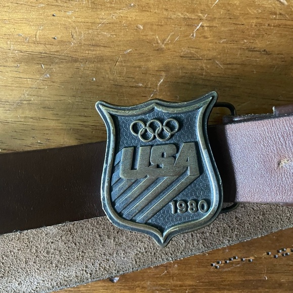 1980 USA Olympics Bergamot Brass Works Vintage Belt Buckle Brown Leather Belt - Picture 2 of 6